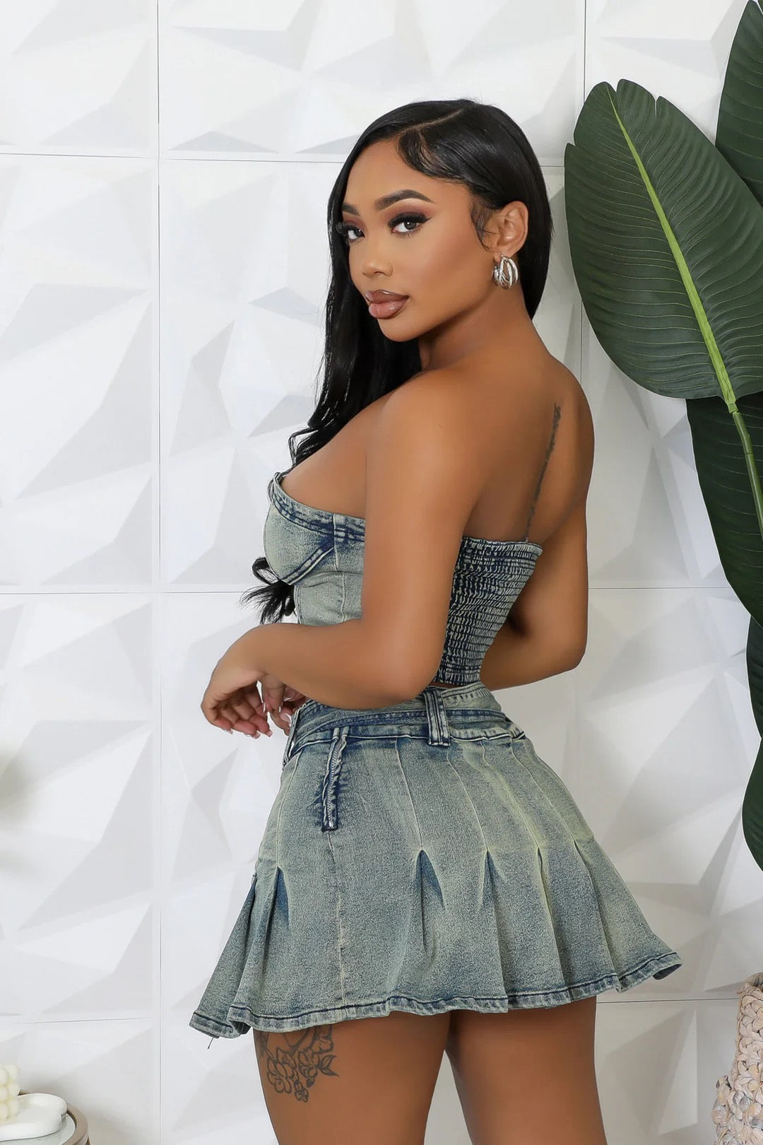 Denim two piece skirt set