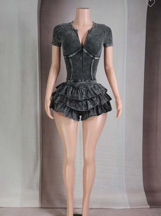 Stone wash skort romper